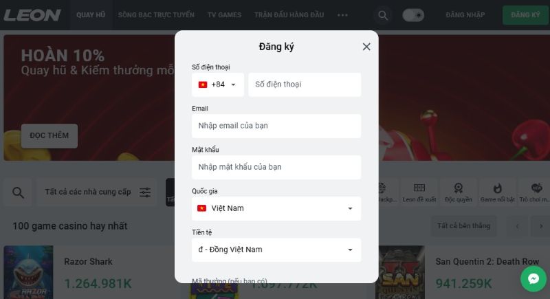 Hướng dẫn cách đăng ký đăng nhập tài khoản tại Leon