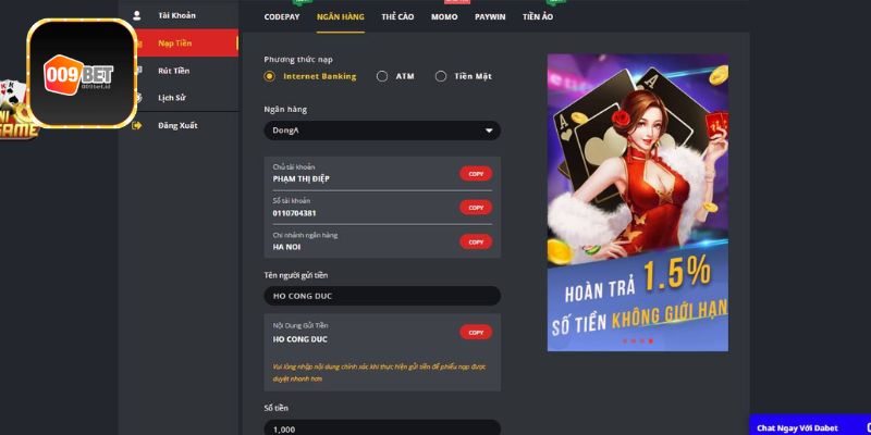 Nạp tiền 009Bet - Quy trình đơn giản và nhanh chóng
