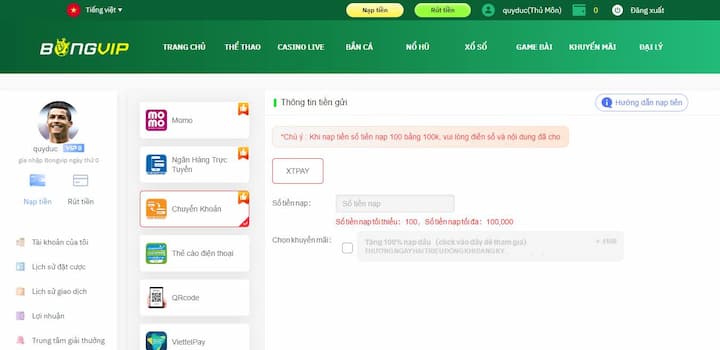 Nạp tiền săn thưởng tại Bongvip